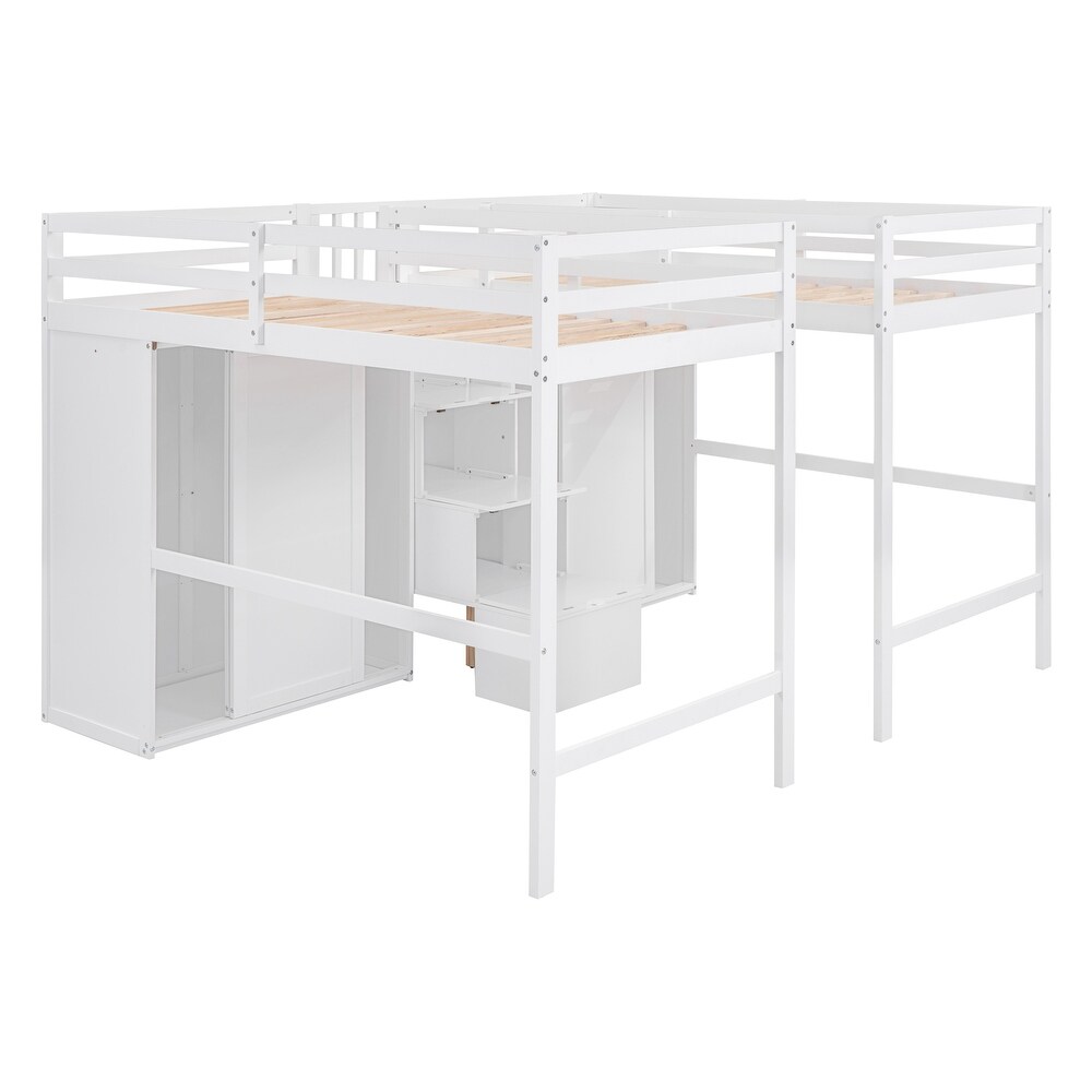 Wood Double Twin Size Loft Bed w/ Wardrobes   Storage Staircase Unisex