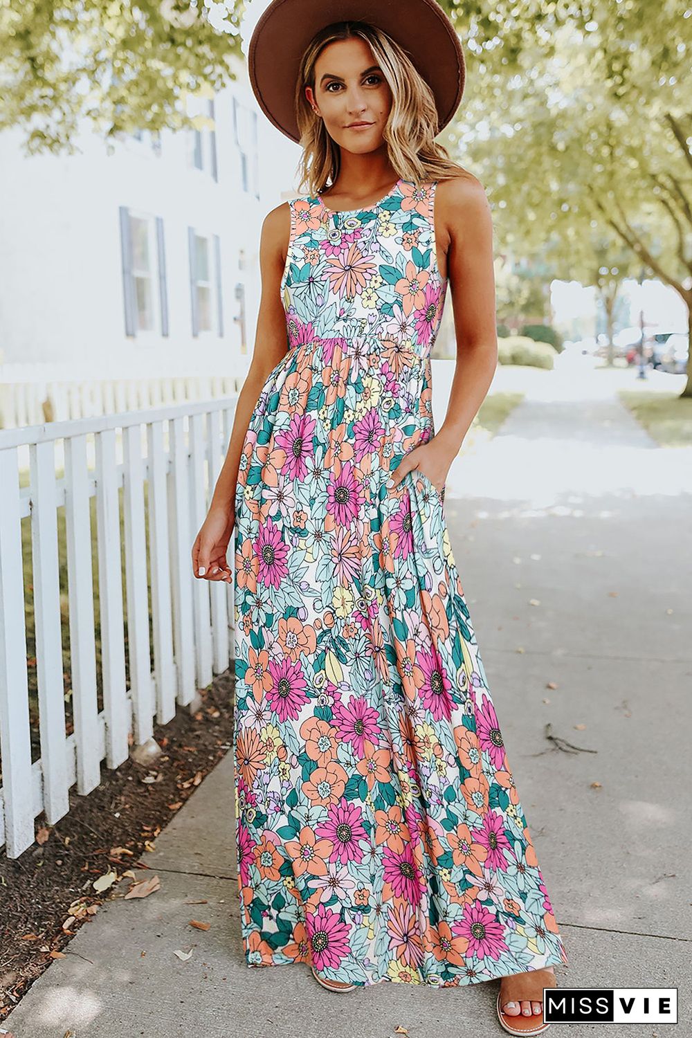 Multicolor Floral Print High Waist Sleeveless Maxi Dress