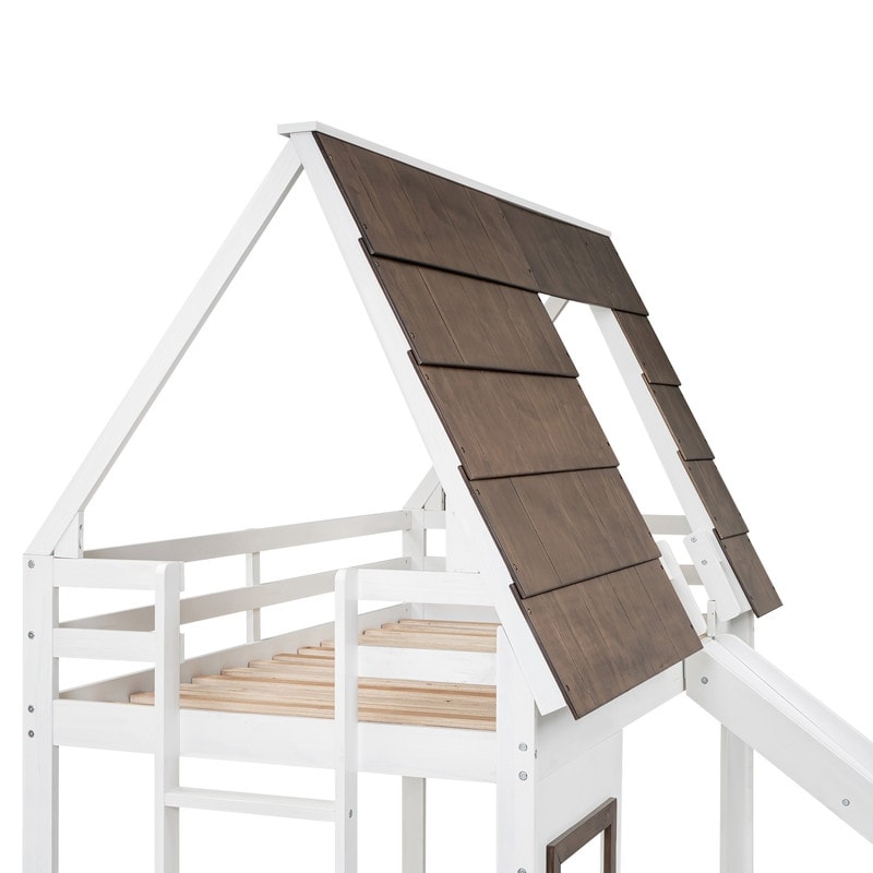 Twin Size Roof Wood House Bunk Bed With Ladder Side Stairs and Slide