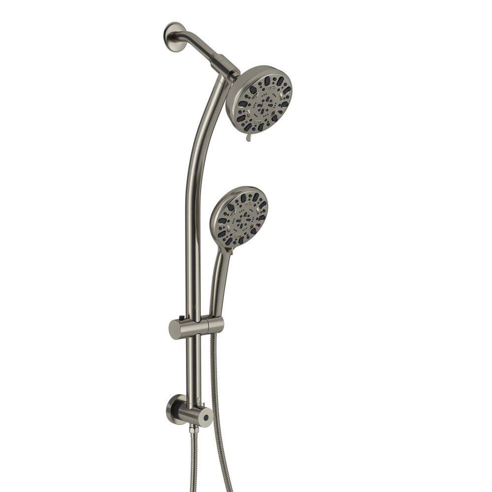 Logmey 7-Spray Patterns with 1.8 GPM 5 in. Wall Mount Dual Shower Heads with Hose and Shower Arm in Brushed LM-701SS