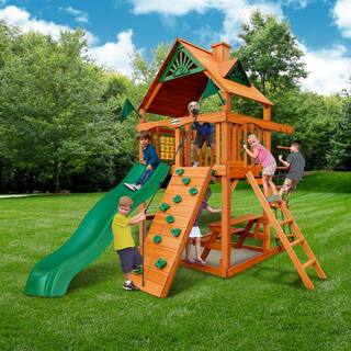 Gorilla Playsets Chateau Tower Wooden Outdoor Playset with Picnic Table Wave Slide Rock Wall Sandbox and Swing Set Accessories 01-0061-AP