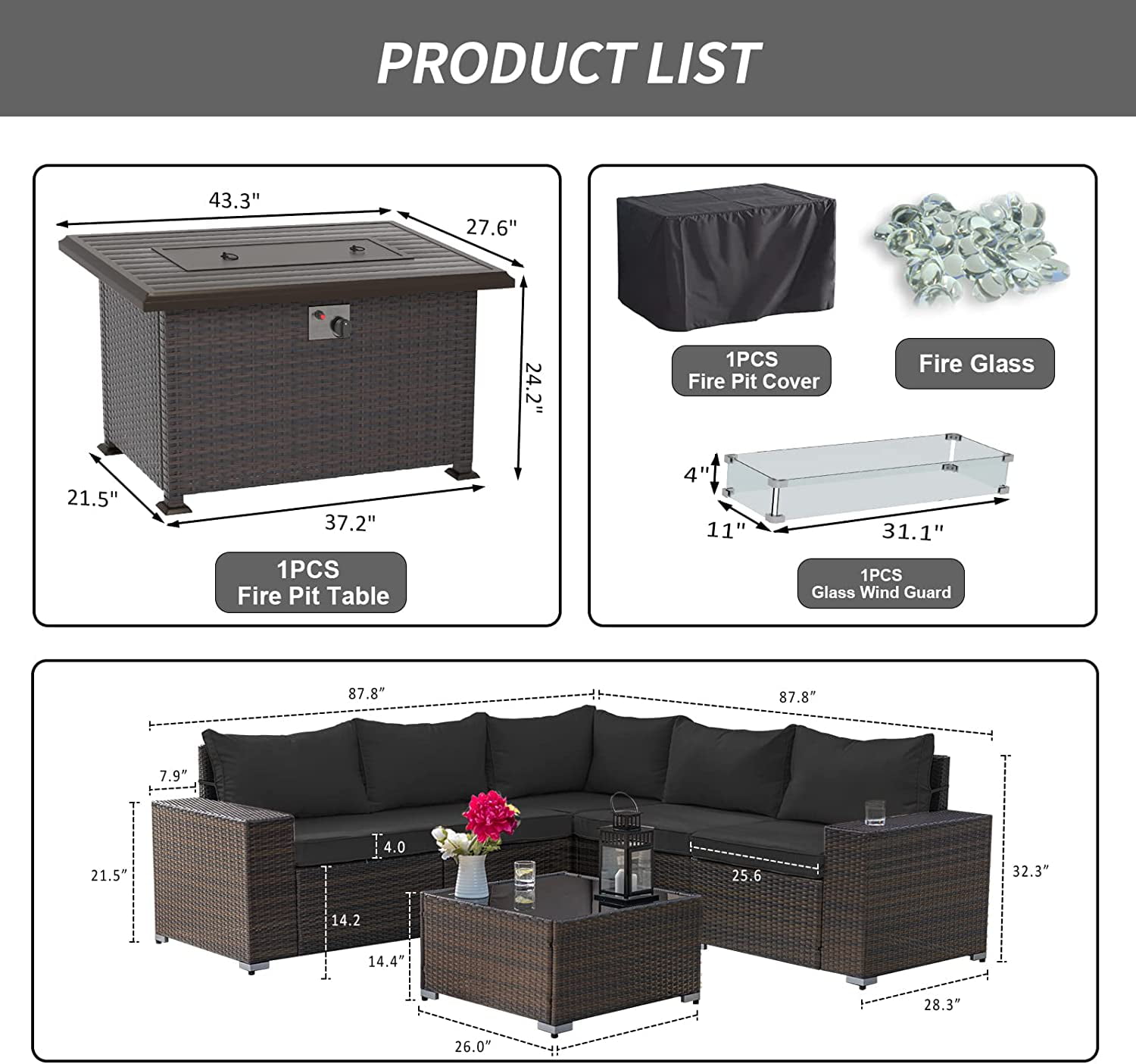 ALAULM Outdoor Patio Furniture Set with Propane Fire Pit Table， 7 Pieces Outdoor Furniture Patio Sectional Sofa Conversation Sets w/ETL Approved 43