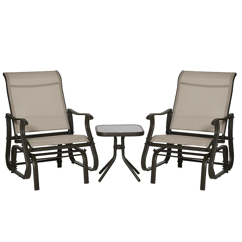 Outsunny 3-Piece Outdoor Gliders Set Bistro Set with Steel Frame， Tempered Glass Top Table for Patio， Garden， Backyard， Lawn， Beige