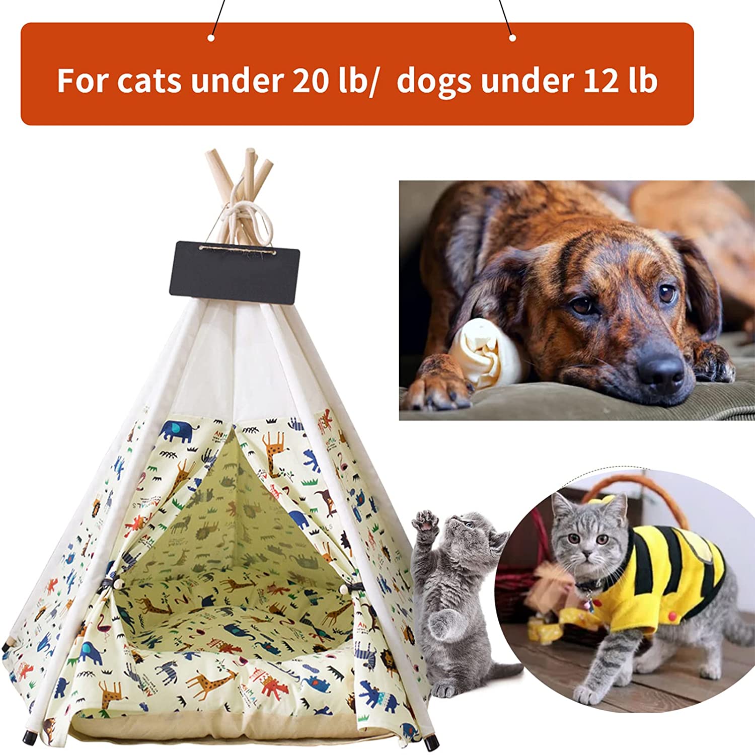 Pet Teepee Tent for Dogs and Cats with Thick Cushion ， 24 Inch Portable Indoor Dog House Dogs/Puppy Pet Houses with Bed，Cat Teepee Tent Washable，Tents Pet Houses Bed Easy to Assemble (Animal)