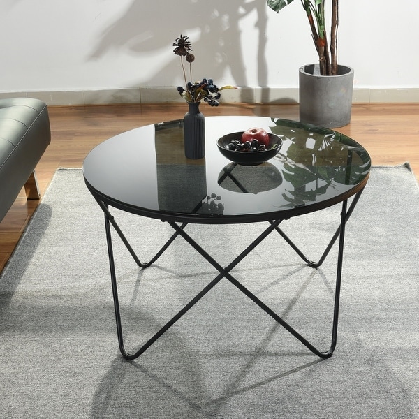 Modern Round Coffee Table with Black Glass and Metal Frame Central Coffee Table for Living Room