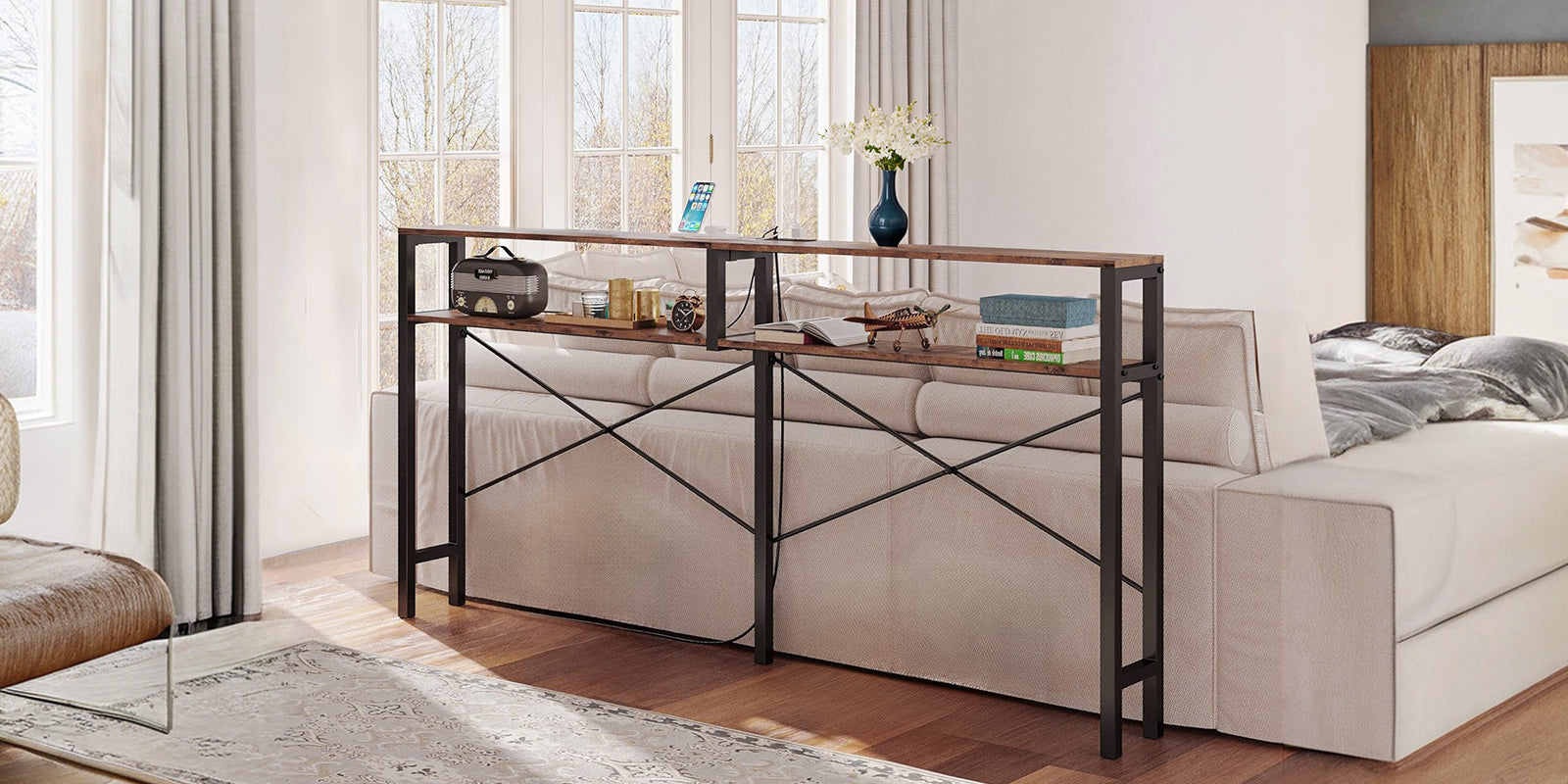 Industrial Console Table X-shaped Entryway Table Narrow Sofa Table with Power Outlet and Shelves