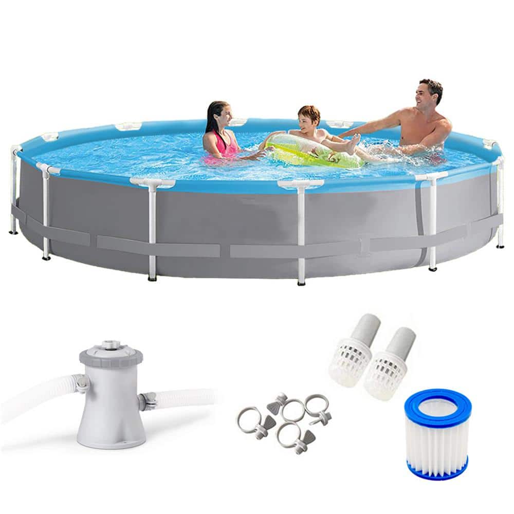 Alpulon 12 ft. Round x 30 in. D Metal Frame Above Ground Pool with Pump and pool Cover ZY1C0508