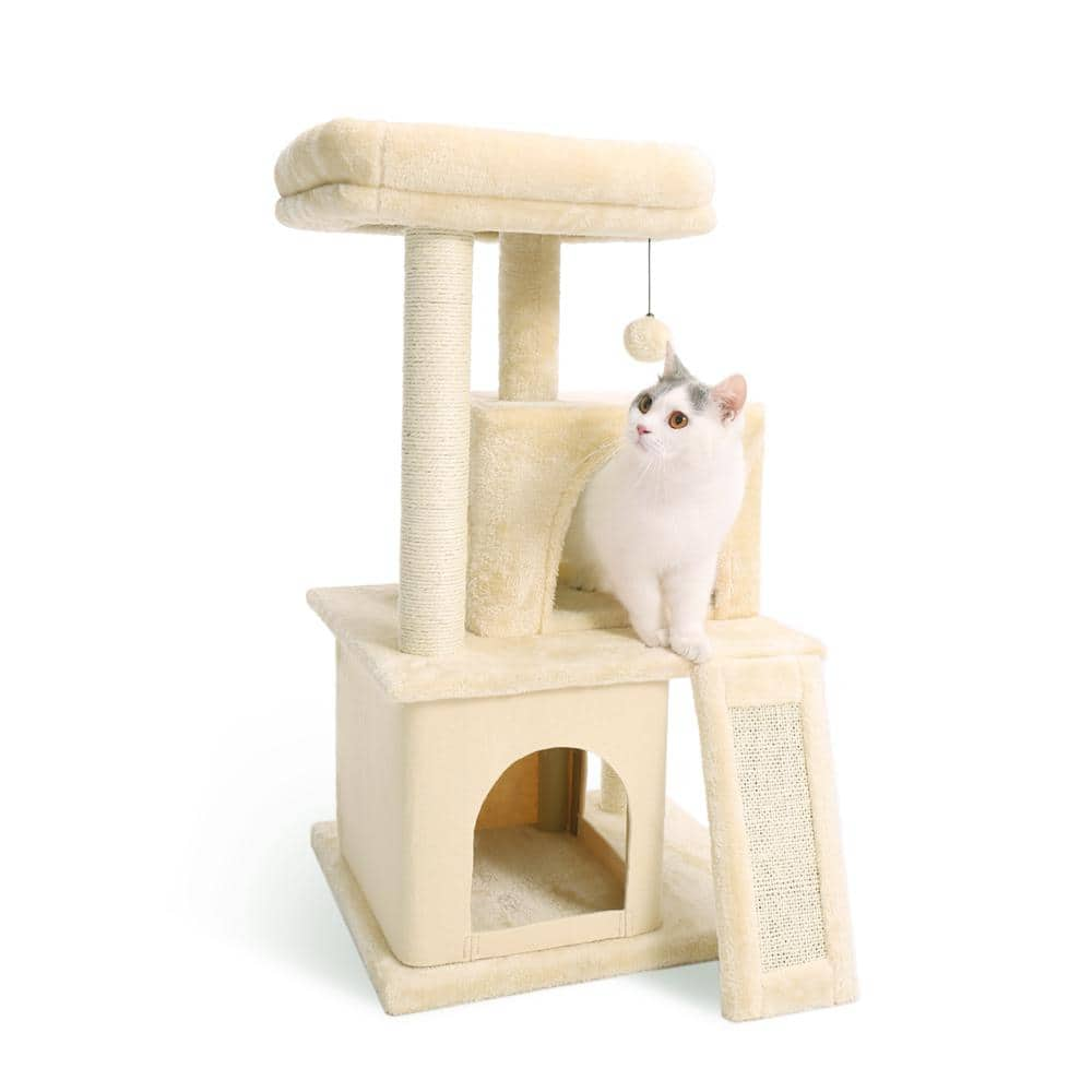 Foobrues Beige Cat Tree Sisal Scratching Post Plush Condo Playhouse with Dangling Toys L-W79632459