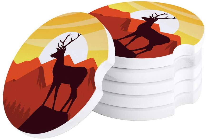 KXMDXA Deer Silhouette and Sunset Set of 2 Car Coaster for Drinks， Absorbent Ceramic Stone Coasters Cup Mat with Cork Base for Home Kitchen Room Coffee Table Bar Decor