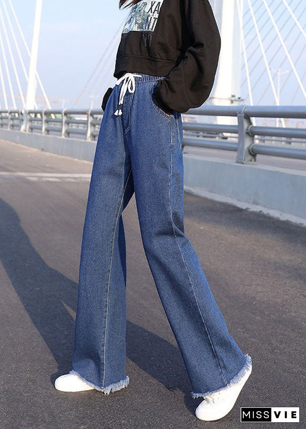 Plus Size Blue Elastic Waist Drawstring Draping Cotton Denim Wide Leg Pants Summer