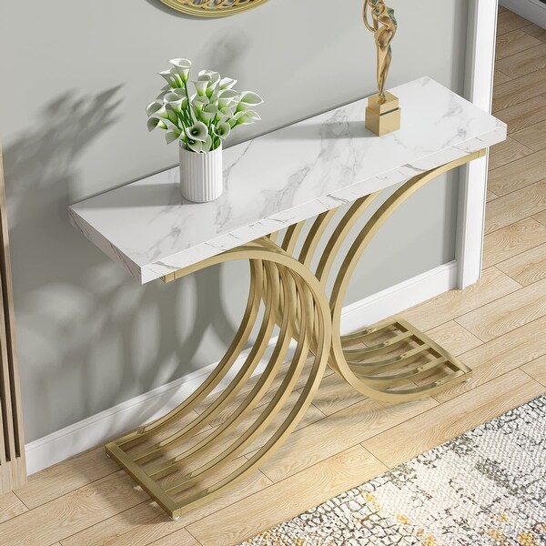 Gold Entryway Console Table with Metal Base， Modern foyer Entry tables， Narrow Sofa Accent Table with Marble Top