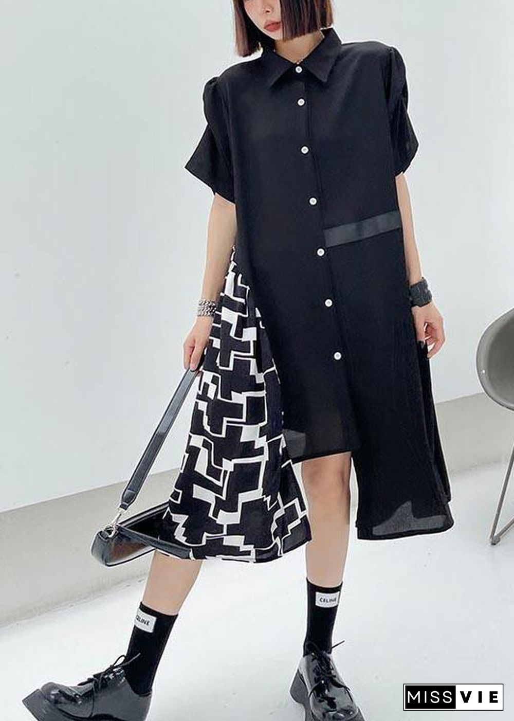 Chic Black Patchwork Print asymmetrical design Dress Summer