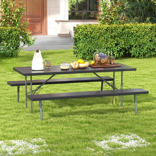 Folding Picnic Table Set with Metal Frame and AllWeather HDPE Tabletop，Umbrella Hole