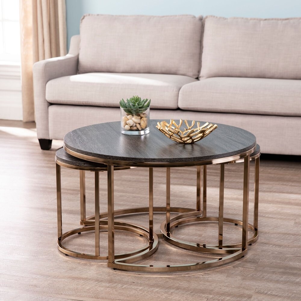 Lokyle Metal and Wood Round Nesting Coffee Table， 3-Piece Set， Espresso - as show