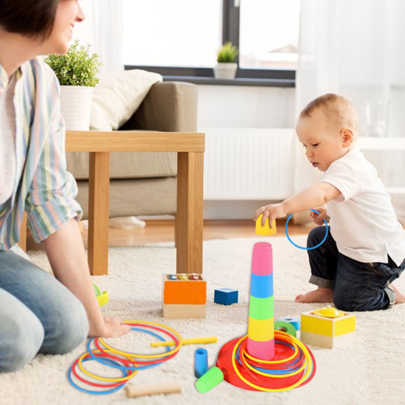 18" Ring Toss Game Set for Kids, Sport ring toss game for adults Rainbow & Stacking & Nesting Cups Baby Building Set | 8 Pieces Cups & 8 Throwing Hoop for Kids All Age Indoor Outdoor Family Games