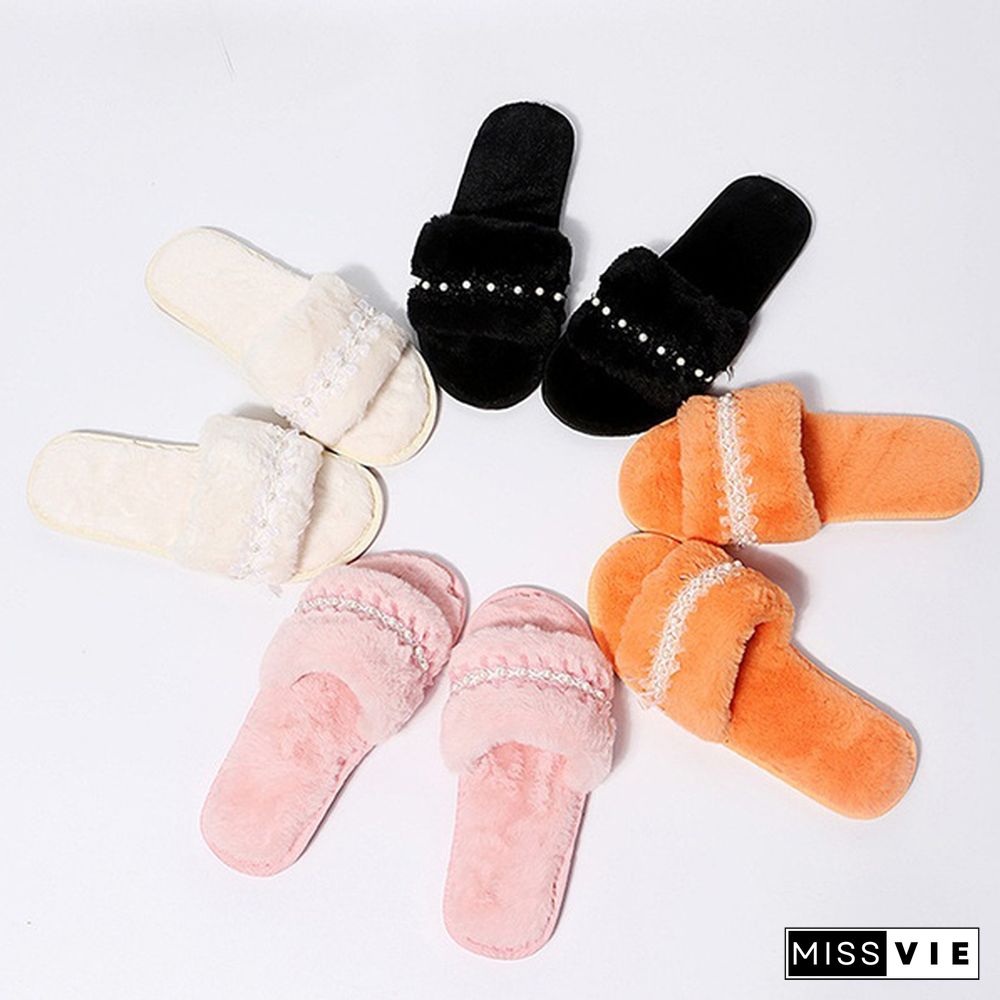 Autumn And Winter Home Furry Pearl Chain Slippers Fashion Flat Women's Cotton Slippers Open-Toe