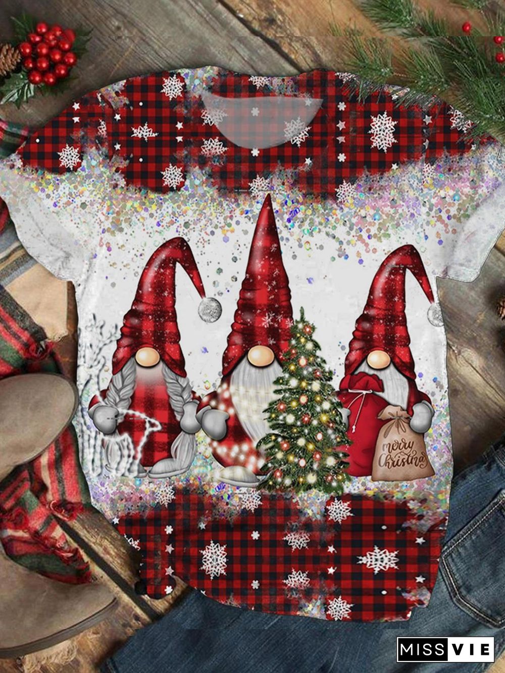 Women's Christmas Gnome Print Crew Neck T-shirt