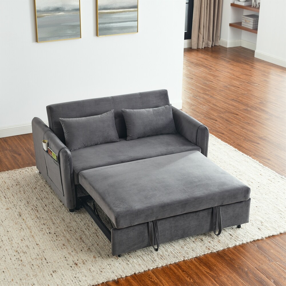 Velvet Upholstered Pull out Sleeper Sofa Convertible Sofa Bed with Adjustable Backrest  Lumbar Pillows and Side Pockets