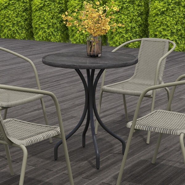 Outdoor Side Table，Patio Round Coffee Table with Steel Frame and Slat Tabletop