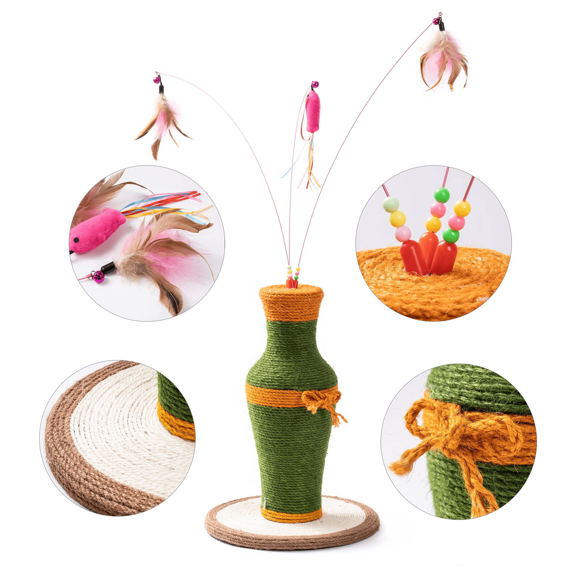 Cat Scratching Post with 3 Feather Toys， 2-in-1 Vintage Vase-shaped， Furniture Scratching Deterrent for Indoor Cats