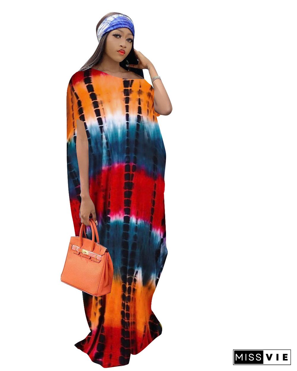 Summer Tie Dye Print Diagonal Callar Short Sleeve Casual Women Pullover Loose Long Dress