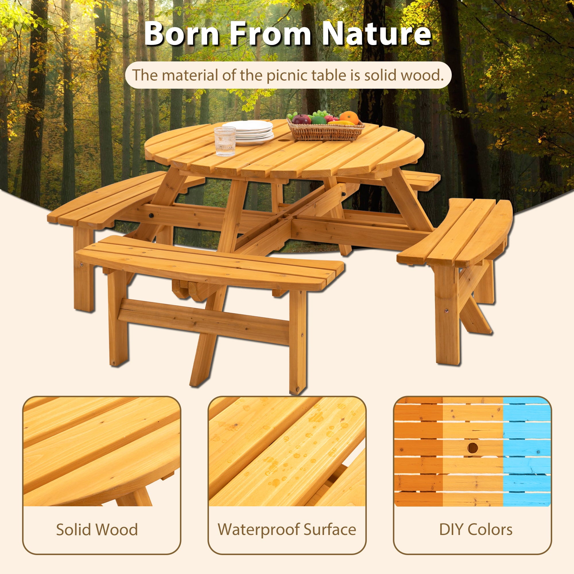 Walkfairy 8-Person Circular Outdoor Wooden Picnic Table w/ 4 Built-In Benches， 2220lb Capacity - Natural