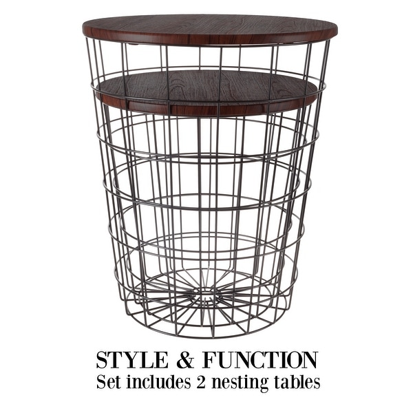 Nesting End Tables with Storage - Set of 2 Convertible Round Metal Storage Basket Base with Veneer Top - Accent Side Tables