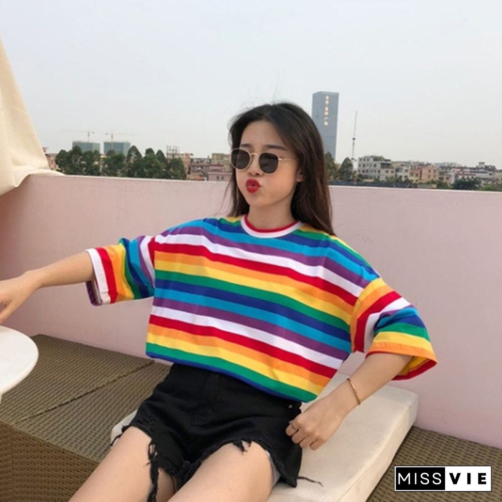 T Shirt Women Rainbow Striped Tops Harajuku Tshirt Summer Short Sleeve T-shirt Camiseta Feminina