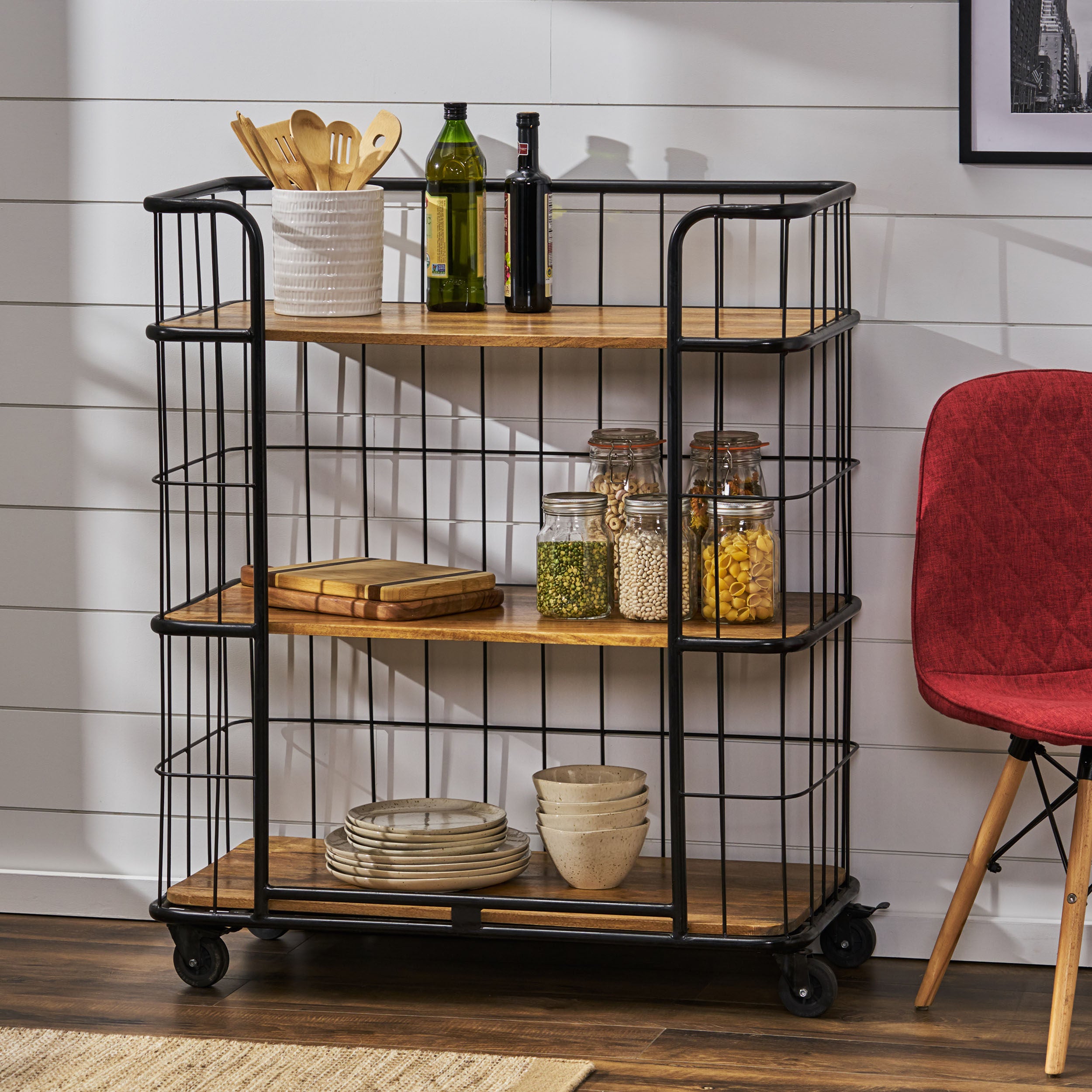 Baddow Modern Industrial Handcrafted Mango Wood Kitchen Cart with Wheels, Natural and Black