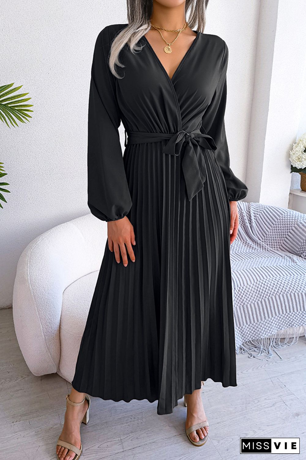 Plain Wrap V Neck Pleated Maxi Dress