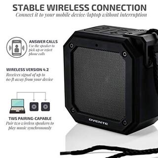 OVENTE 2000 mAh Portable Waterproof Wireless Speaker with TWS Pairing Capability IPX6 Rating and 20-Hours of Playtime Black ZA1200B