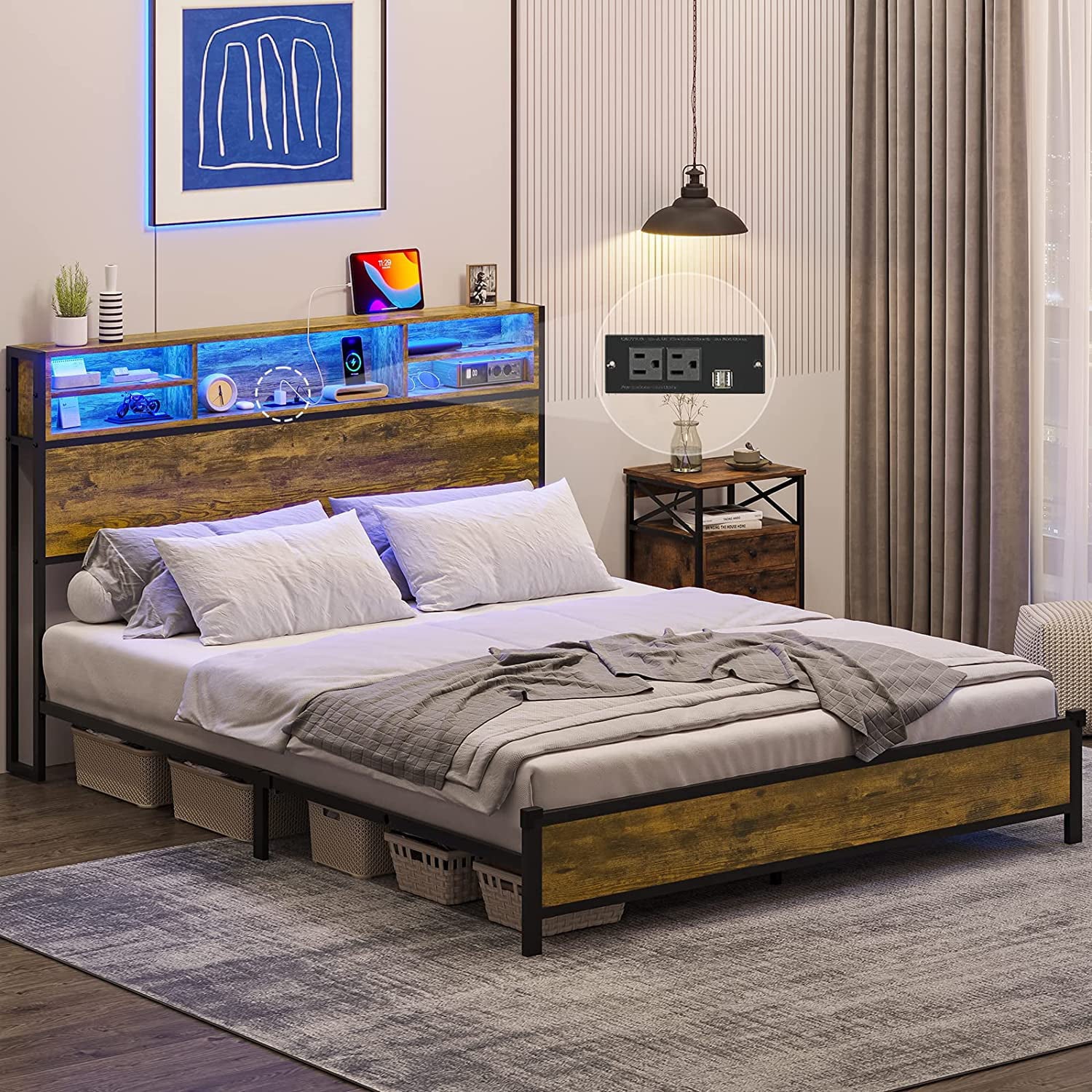 LED Bed Frame with Charging Station and Storage Headboard,Full Size Metal Platform Bed with LED Lights, Rustic Brown