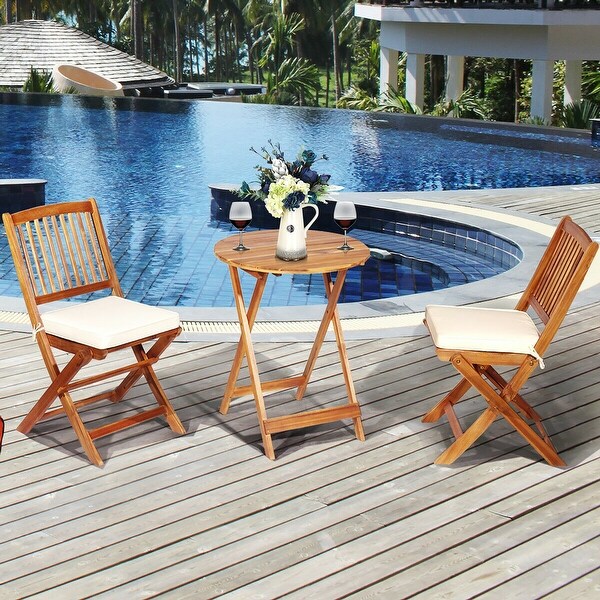 Costway 3PCS Patio Folding Wooden Bistro Set Cushioned Chair