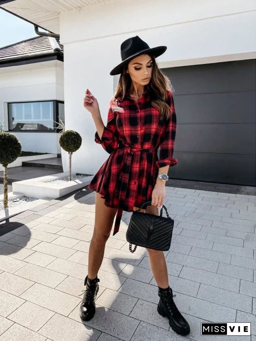 Autumn and Winter Fashion Sexy Printed Shirt Plaid Dress Skirt