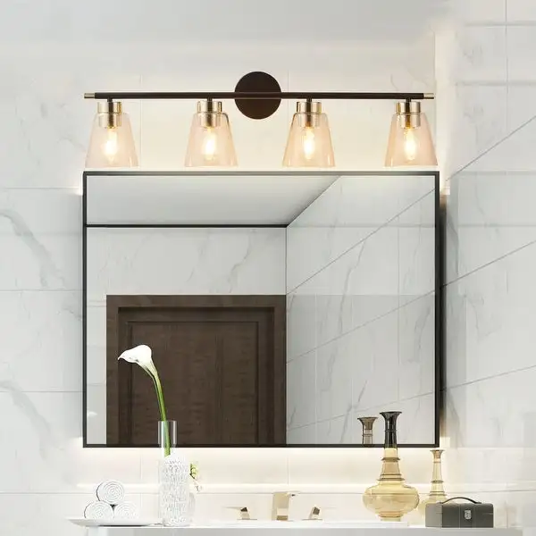 ExBrite 3-light Bathroom Dimmable Gold Vanity Lights Modern Wall Sconce Lighting with Seeded Glass