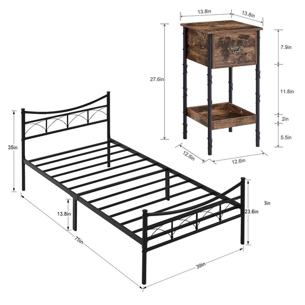 Taomika 3-pieces Bedroom Set，Black Platform Bed and Retro Nightstands Set of 2 - - 36146934