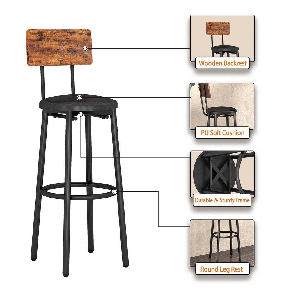 mieres Industrial 3-Piece Rectangle Rustic Brown Wooden Top Bar Table Set with 2 Faux Leather Upholstered Bar Stools for Two LLPW116242792