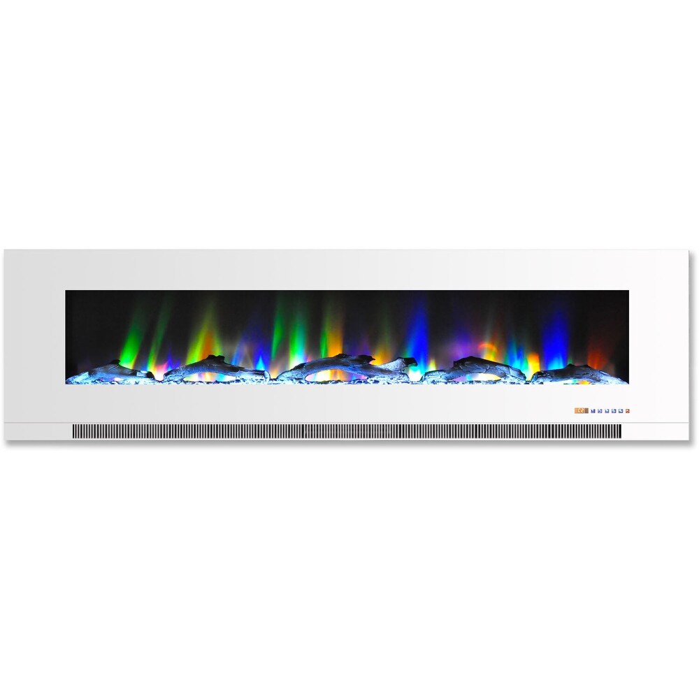 Hanover 60 In. Wall Mount Electric Fireplace in White with Multi Color Flames and Driftwood Log Display