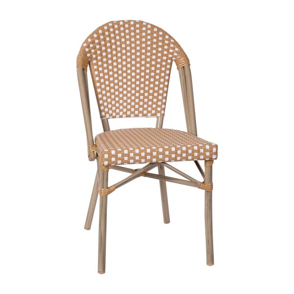 Lourdes Indoor/Outdoor Commercial French Bistro Stacking Chair， Natural/White PE Rattan Back and Seat， Bamboo Print Aluminum Frame in Light Natural