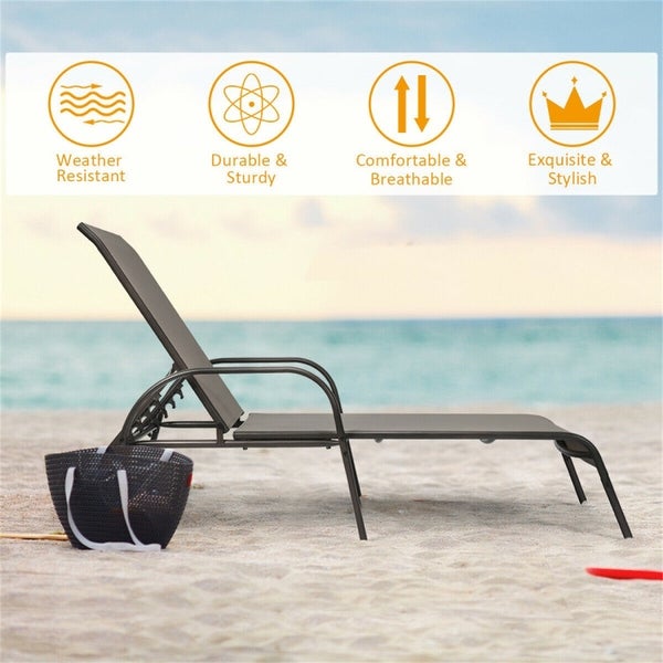 2PCS Outdoor Adjustable Reclining Armrest Chaise Fabric Lounge Chair