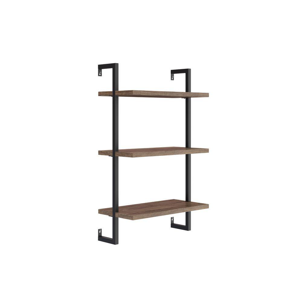 Nathan James Theo 39 in. Rustic Oak Wood Black Pipe 3-Shelf Floating Shelves Wall Mount Accent Bookcase with Metal Frame 65901