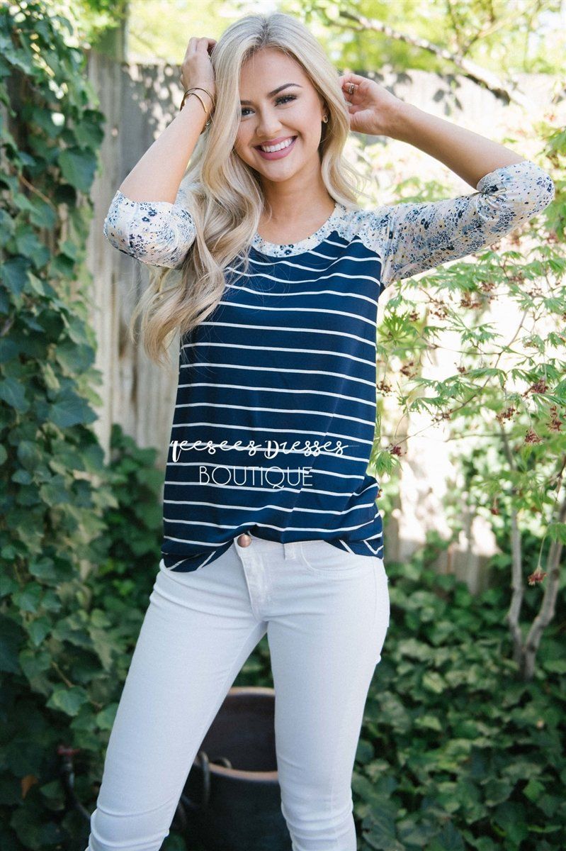 Navy Striped Floral Baseball Sleeve Tee