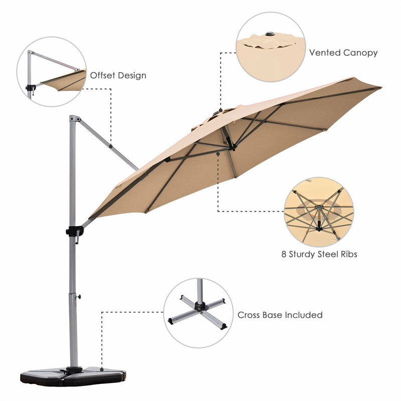 11 FT Patio Offset Cantilever Umbrella 360° Rotation Tilt with Cross Base & Crank Handle