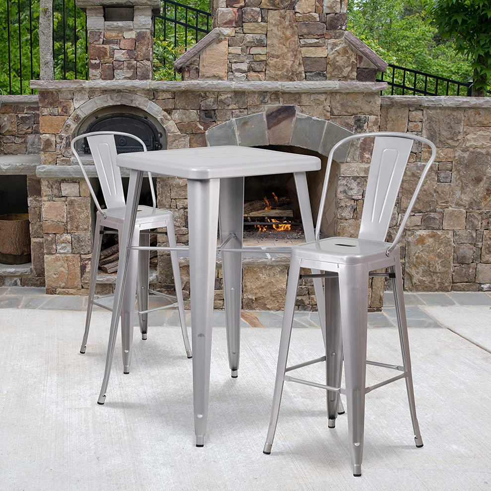 3 Pieces Patio Bistro Set  Square Table and 2 Stackable Bar Height Stools   Industrial   Outdoor Pub And Bistro Sets   by Decor Love  Houzz