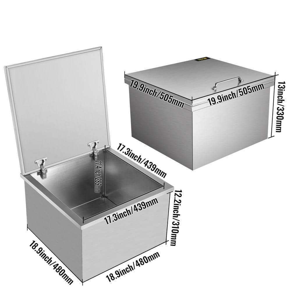 VEVOR 19.9 x 19.9 x 13 in. Drop in Ice Bin 50.9 Qt. Stainless Steel Ice Chest with Hinged Cover for Dinner Party QRSJ20X20X131ST7WV0