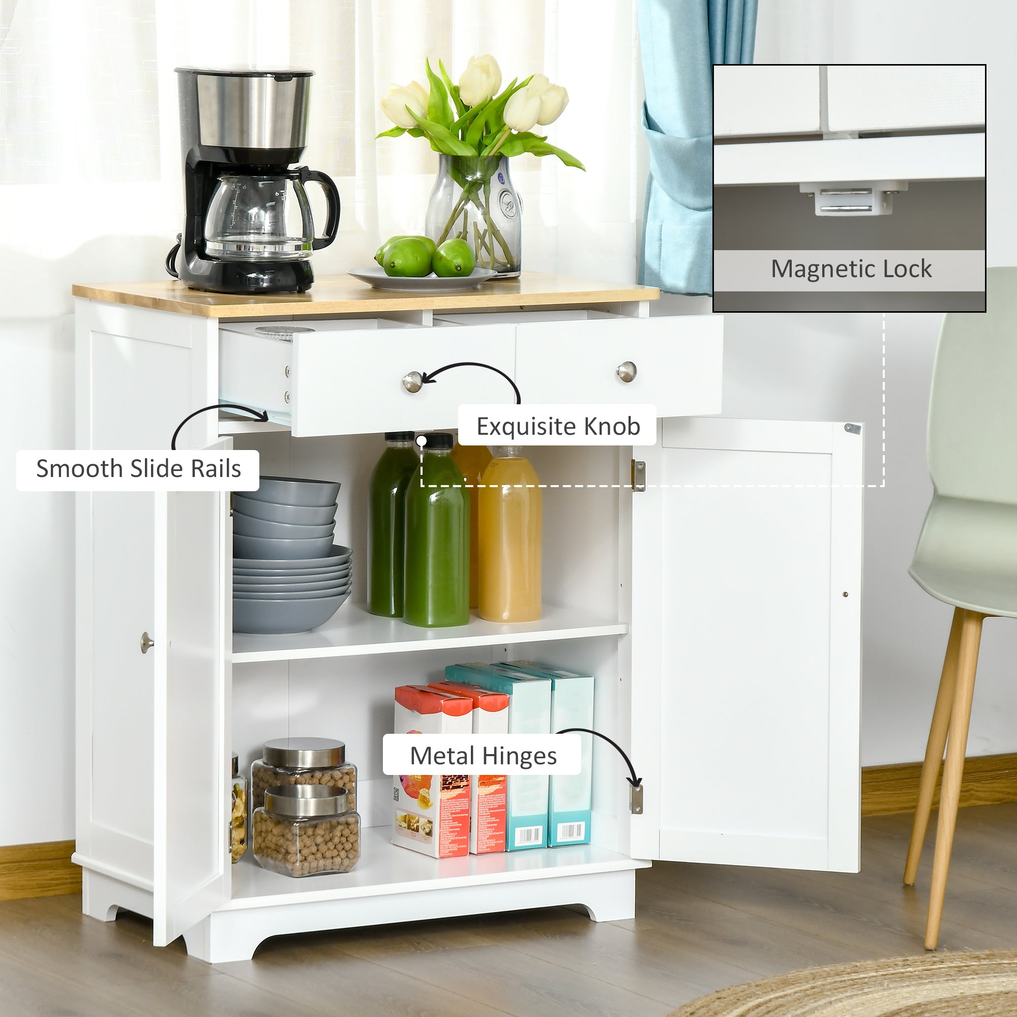 HOMCOM Space Saving Kitchen Sideboard with Functional Storage Cabinet with Adjustable Shelf for Kitchen/Living Room， White