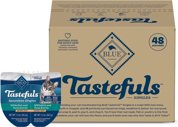 Blue Buffalo Tastefuls Spoonless Singles White Fish and Tuna Entr?e Pate Adult Cat Food， 2.6-oz cup， case of 24