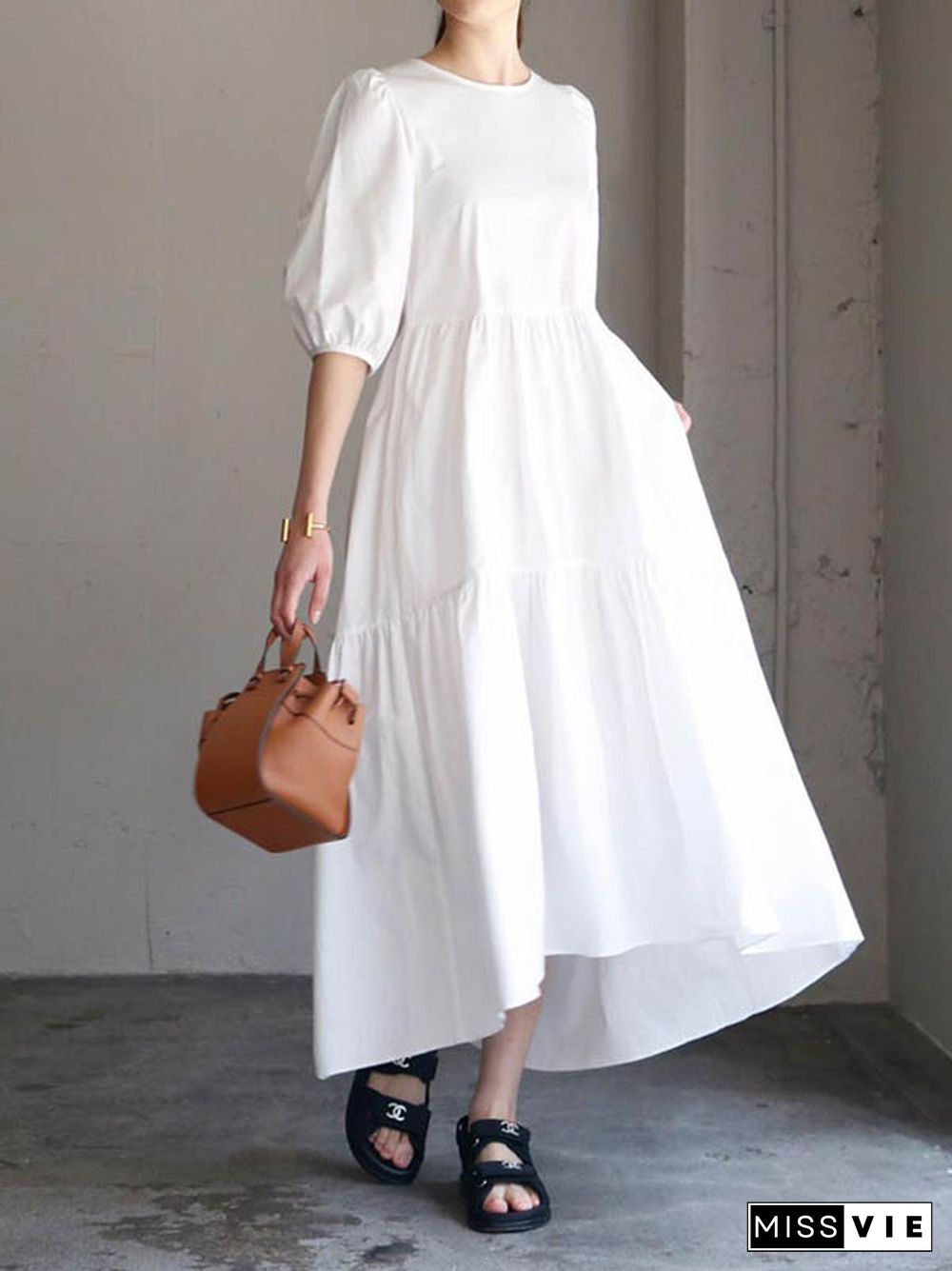 Half Sleeves Puff Sleeves Breathable See-Through Solid Color Round-Neck Midi Dresses