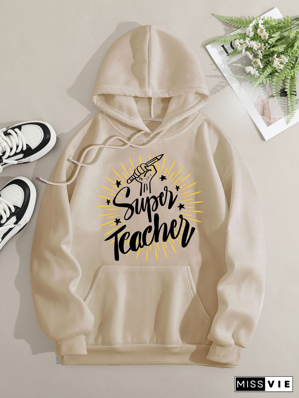 Printed on front Kangaroo Pocket Hoodie Long Sleeve for Women Pattern Super teacher