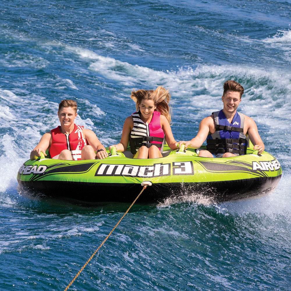 Airhead Mach 3 Three-Person Towable Boat Tube Float， Heavy-Duty Nylon， Green